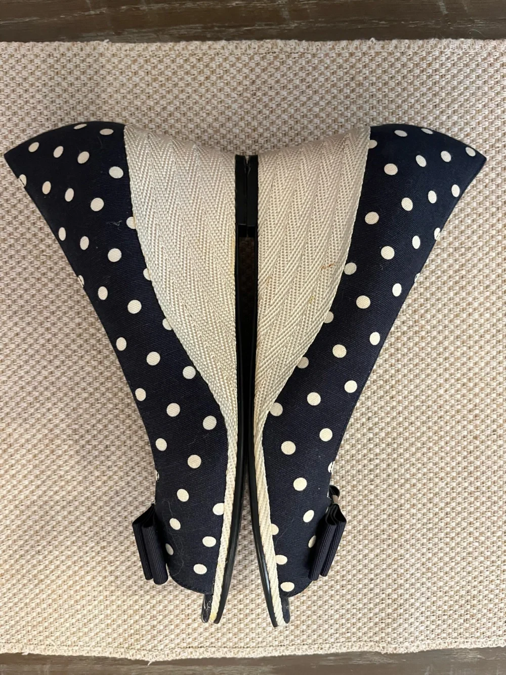 Etienne Aigner Navy and White Polka Dot Espadrille Wedges- size 7